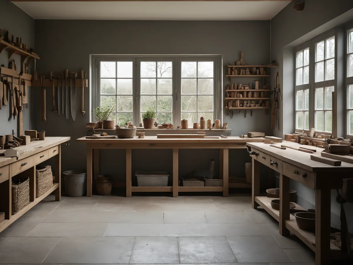 Aufgeräumte Werkstatt mit Werkbänken aus Holz, Werkzeug an der Wand und großen Sprossenfenstern.